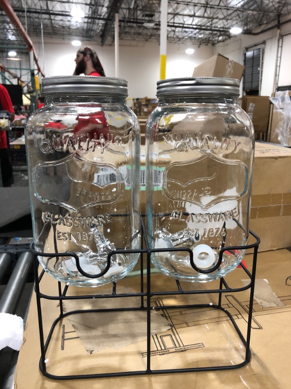 Photo 1 of 2 Pack Drink Dispenser with Stand Beverage Dispenser Each 1 Gallon Glass Drink Dispensers for Parties Lemonade Sangria Dispenser Mason Jar Drink Dispensers