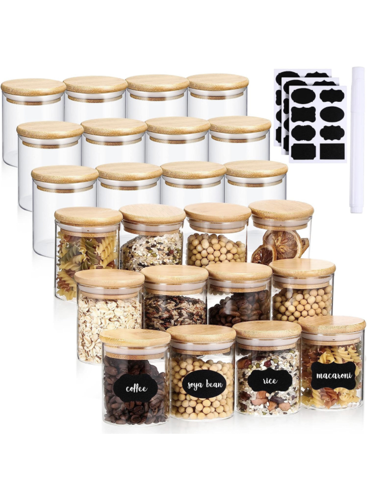 Photo 1 of 24 Pcs Glass Spice Jars with Bamboo Lid 7oz Spice Container with Sticker Labels Pen for Kitchen Sugar Coffee Tea (2.6 x 3.2 inch)