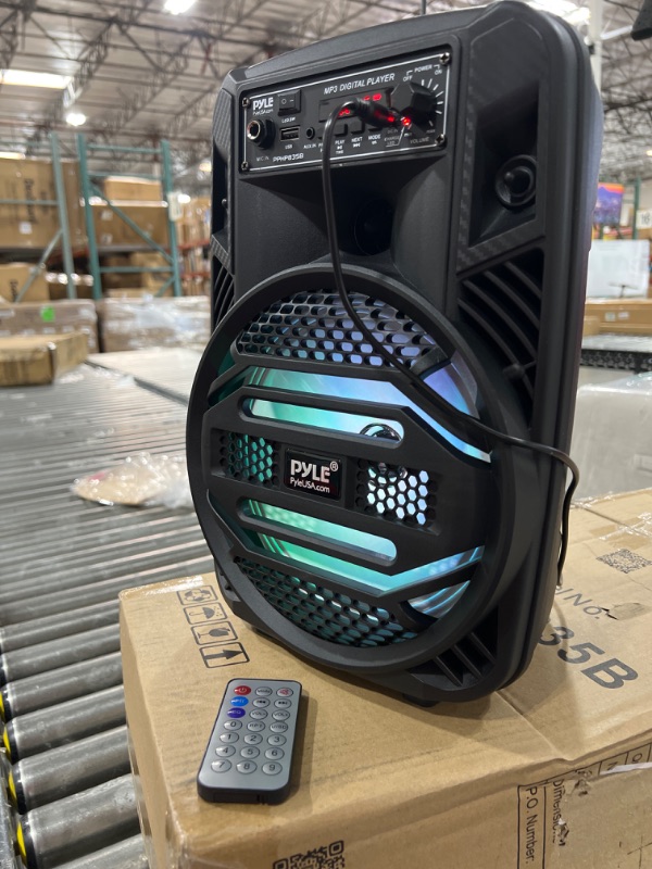 Photo 3 of Portable Bluetooth PA Speaker System - 300W Rechargeable Outdoor Bluetooth Speaker Portable PA System w/ 8” Subwoofer 1” Tweeter, Microphone In, Party Lights, MP3/USB, Radio, Remote - Pyle PPHP835B