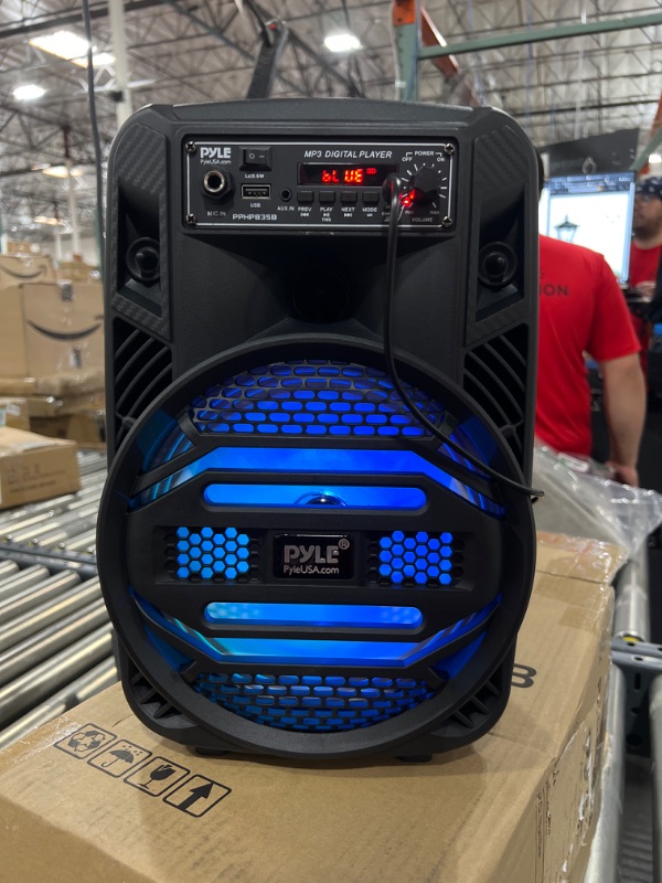 Photo 2 of Portable Bluetooth PA Speaker System - 300W Rechargeable Outdoor Bluetooth Speaker Portable PA System w/ 8” Subwoofer 1” Tweeter, Microphone In, Party Lights, MP3/USB, Radio, Remote - Pyle PPHP835B