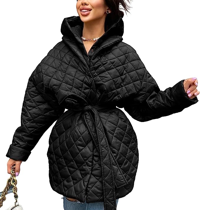 Photo 1 of BTFBM Women Button Down Quilted Jacket Coat 2023 Fall Winter Fashion Belt Pockets Removable Padded Hood Puffer Outerwear SIZE MEDIUM 
