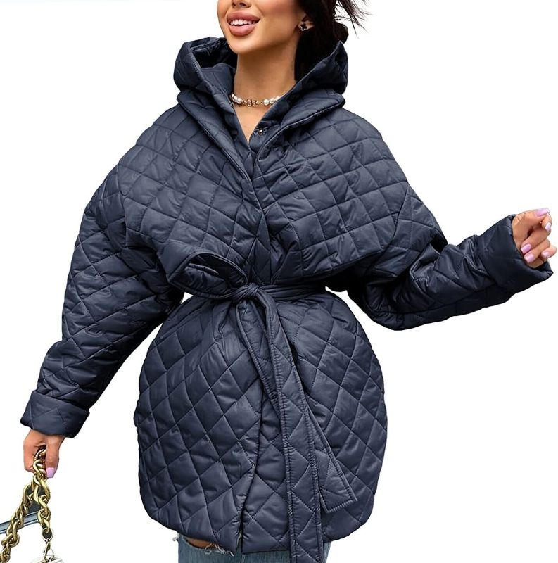 Photo 1 of BTFBM Women Button Down Quilted Jacket Coat 2023 Fall Winter Fashion Belt Pockets Removable Padded Hood Puffer Outerwear size XL COLOR NAVY BLUE 
