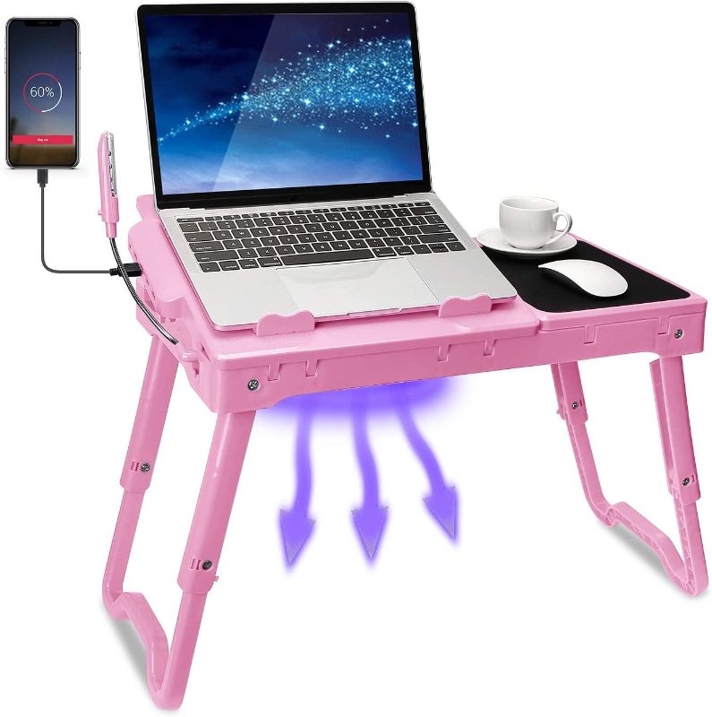 Photo 1 of  TeqHome Laptop Desk for Bed, Adjustable Laptop Bed Table with Fan, Portable Lap Desk with Foldable Legs, Laptop Stand for Couch Sofa Bed Tray with LED Light, 4 USB Ports, Storage, Mouse Pad (Pink) 