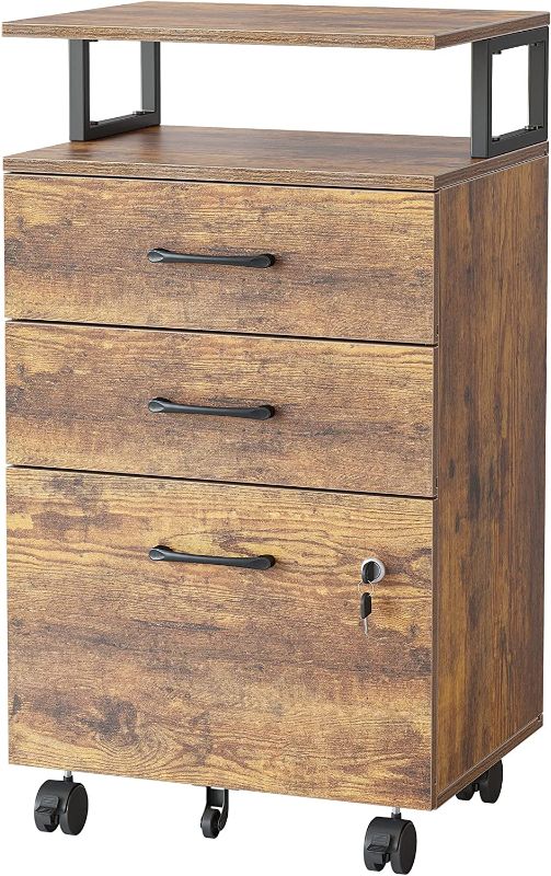 Photo 1 of  FEZIBO File Cabinet with Lock for Home Office, 3-Drawer Rolling Filing Cabinet, Home Office File Cabinet for A4/Letter/Legal Size, Printer Stand, Wooden Storage Cabinet, Rustic Brown 