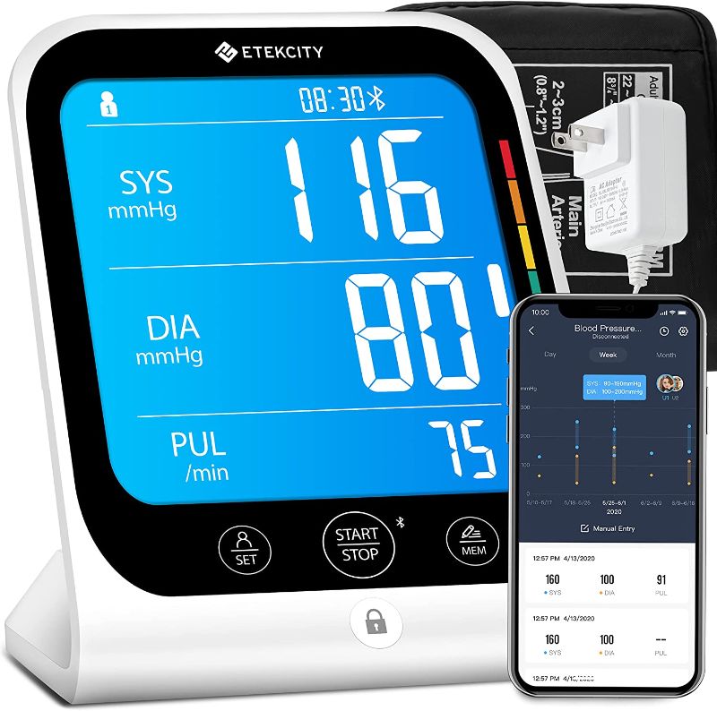 Photo 1 of Bluetooth Blood Pressure Monitors for Home Use, Machine by Etekcity, FSA HSA Approved Products, Adjustable Cuff Large Upper Arm Friendly, Smart Unlimited Memories in App, Dual Power Sources
