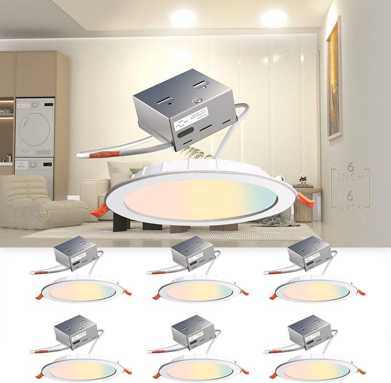 Photo 1 of 6Pack 6 inch LED Recessed Lighting CRI90 3CCT 3000K/4000K/5000K LED Can Lights Dimmable Resseced Light Fixtures Can-Killer Downlight Ceiling Light, 1200LM Brightness Slim Pot Canless-IC Rated 
