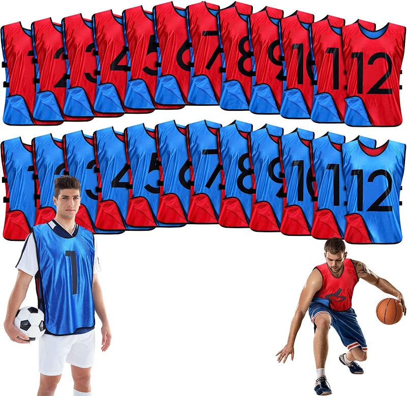 Photo 1 of  12 Pack Reversible Basketball Jersey Team Sports Soccer Pinnies Double Sided Reversible Practice Vest Pennies Hockey Practice Jersey with Numbers Training Scrimmage Vest for Adult Football L Size 