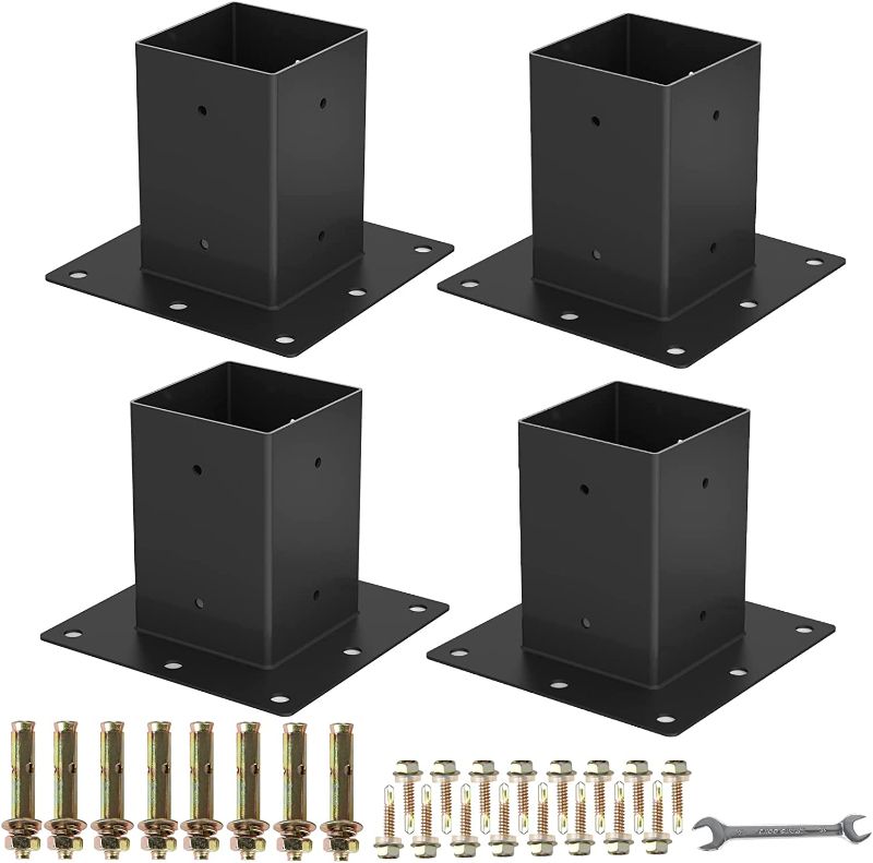 Photo 1 of 4 X 4 Post Base 4PCS, Deck Post Base,Heavy Duty Metal Black Powder Coated Post Brackets,for Mailbox Post Deck Supports Porch Railing Post Holders
