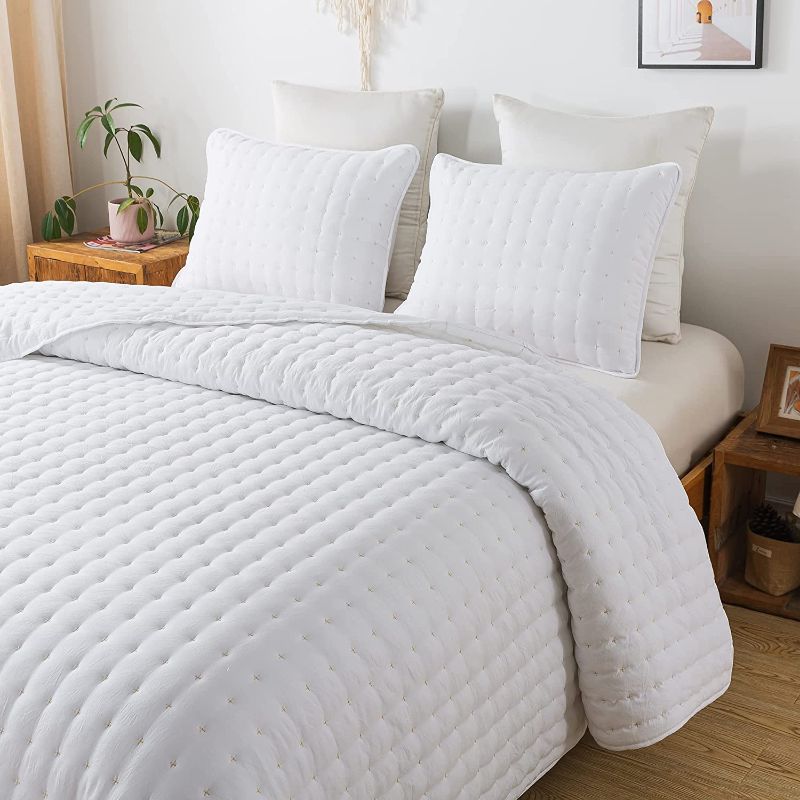 Photo 1 of  WDCOZY White King Size Quilt Bedding Sets with Pillow Shams, Lightweight Soft Bedspread Coverlet, Quilted Blanket Thin Comforter Bed Cover, All Season Summer Spring, 3 Pieces, 104x90 inches 