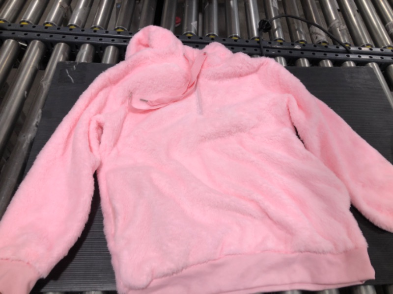 Photo 2 of Yanekop Womens Oversized Hoodies Sherpa Sweatshirts Fuzzy Fleece Pullover Fluffy Outerwear with Pockets Small Pink