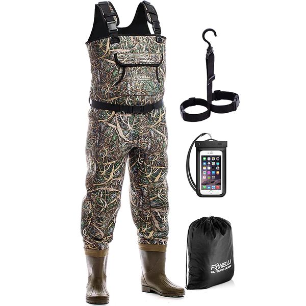 Photo 1 of  Foxelli Chest Waders – Camo Hunting Fishing Waders for Men and Women with Boots, 2-ply Nylon/PVC Waterproof Bootfoot Waders, BOOT SIZE 12