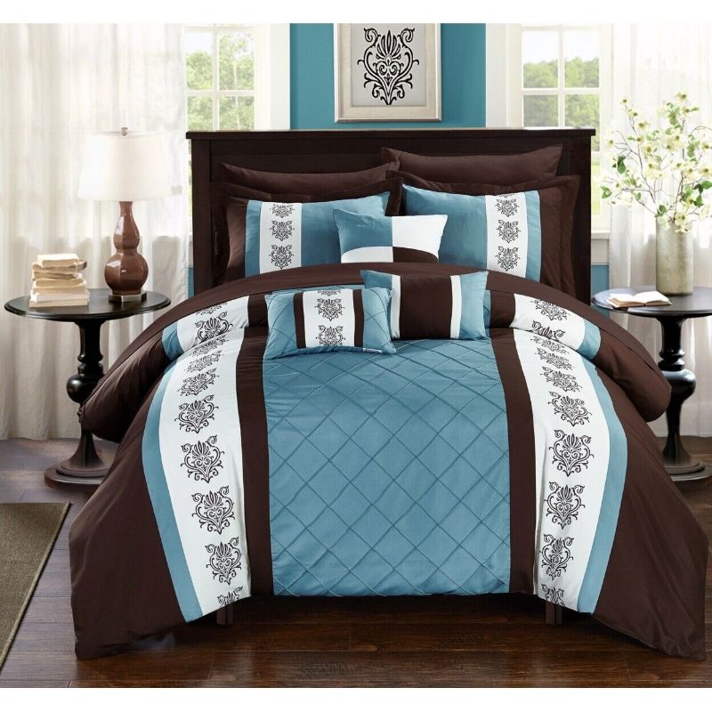Photo 1 of  Chic Home 8/10 Piece Adam Pintuck Pieced Color Block Embroidery Bed In A Bag, TWIN SIZE
