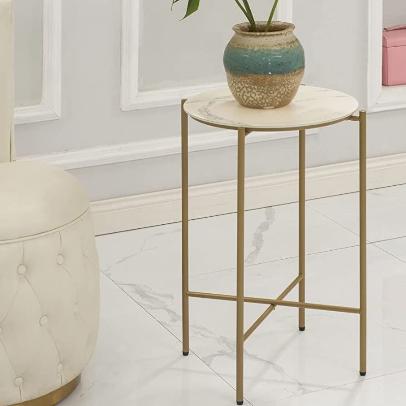 Photo 1 of  Modern Round End Table with Brass Gold Metal Frame, Tempered Glass Glazed Faux Marble Texture Finish Top Waterproof Outdoor & Indoor Side Table, Nightstand for Living Room,Bed Room, Patio, ET116-WH 