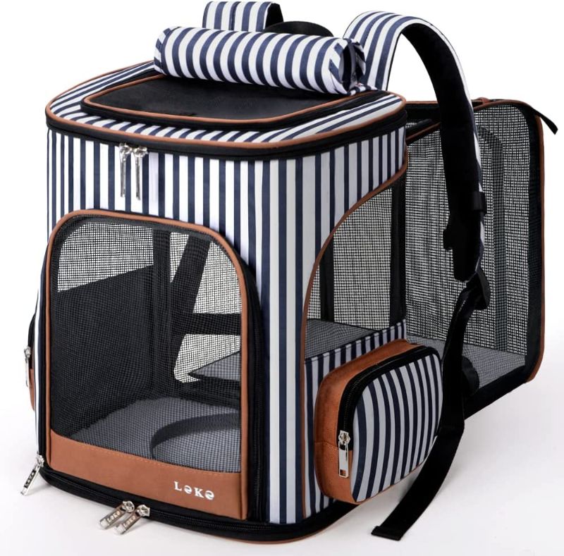 Photo 1 of  Lekereise Cat Backpack Expandable Pet Backpack Carrier for Small Dogs Cats, Dog Backpack Bag with Breathable Mesh and Inner Safety Leash, Striped 