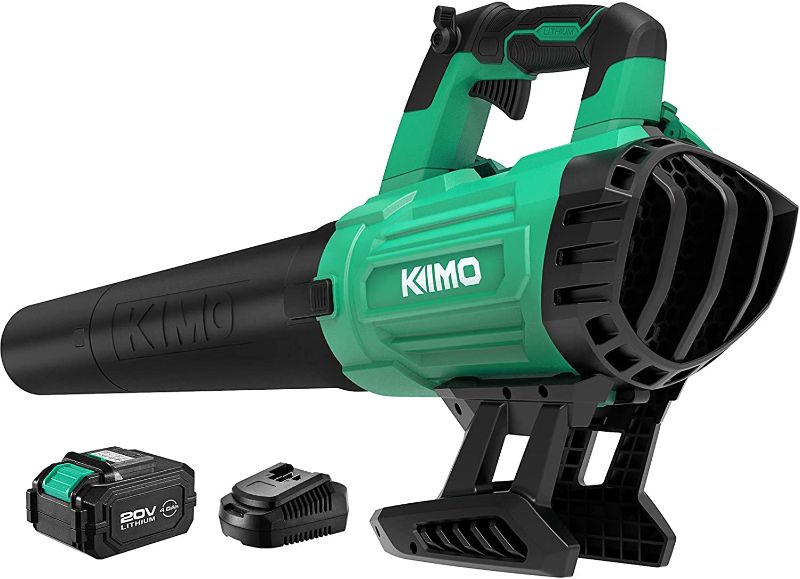 Photo 1 of KIMO Cordless Leaf Blower - 400CFM Battery-Powered Blower for Blowing Wet Leaves, Snow Debris and Dust, 20V Electric Leaf Blower with Battery ? Charger for Lawn Care Garden Yard Work Around The House 