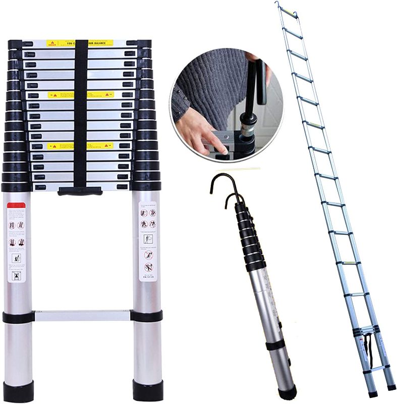 Photo 1 of  Telescoping Ladder 20ft 6.2M Aluminum DIY Extension Folding Loft Ladder with 2 Detachable Hooks Anti-Slip Rubber Feet Portable Heavy Duty Folding Ladder 330lbs Max Capacity EN131 Certificated 