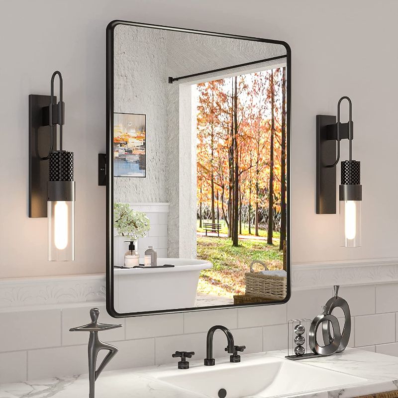 Photo 1 of  TokeShimi 28 x 36 Inch Farmhouse Pivot Bathroom Mirror Black Rectangle Horizontal/Vertical for Vanity, Distance from Wall 3.4IN, Non-Rusting Aluminum Alloy Frame Tilted Up or Down by 10° for Modern 