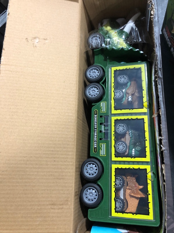 Photo 2 of BLUEJAY 21 Pack Dinosaur Toys for Kids 3-7, Dinosaur Truck with Oversized Dinosaur Map, Flashing Lights, Music and Roaring Sound, Kids Toys with 6 Pull Back Dinosaur Cars, 6 Dinosaur Toys (Green)