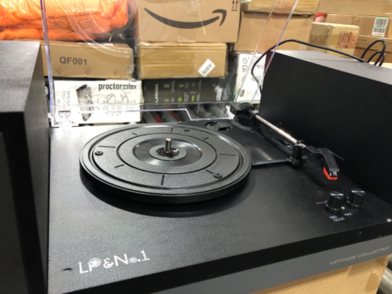 Photo 3 of LP&No.1 Bluetooth Vinyl Record Player with External Speakers, 3-Speed Belt-Drive Turntable for Vinyl Albums with Auto Off and Bluetooth Input,Black Leather with Grey Speakers Black with Grey