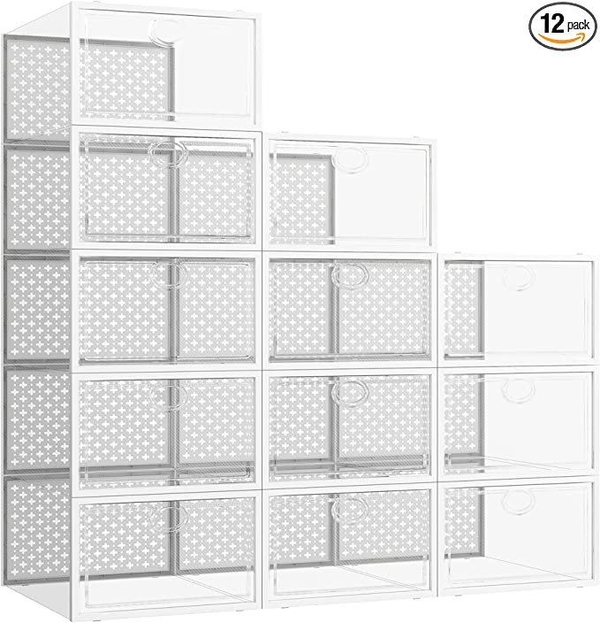 Photo 1 of 12 Pack Shoe Storage Boxes, Clear Stackable Shoe Containers for Closet, Sneaker Storage White