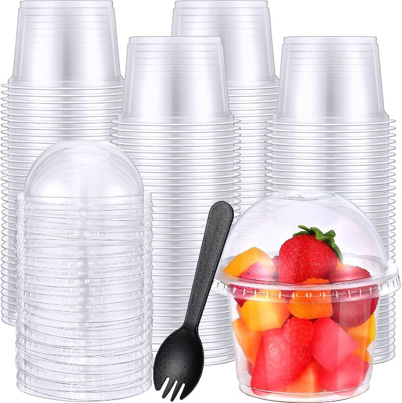 Photo 1 of 200 Pcs Set of Disposable Plastic Cups with Dome/ Flat Lids, Include 100 Plastic Containers with Lids 100 Plastic Spork, Party Clear Cups with Lids for Food Ice Cream Dessert (Dome Lid,8 oz)
