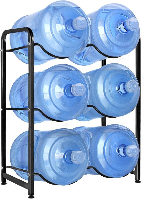 Photo 1 of 5 Gallon Water Bottle Holder, 3-Tier Water Cooler Jug Rack for 6 Bottles Heavy Duty Detachable Kitchen Organization and Storage Shelf, Black