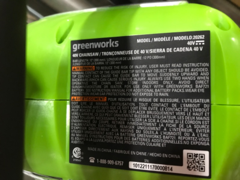 Photo 3 of Greenworks 12-Inch 40V Cordless Chainsaw, 2.0 AH Battery Included 20262