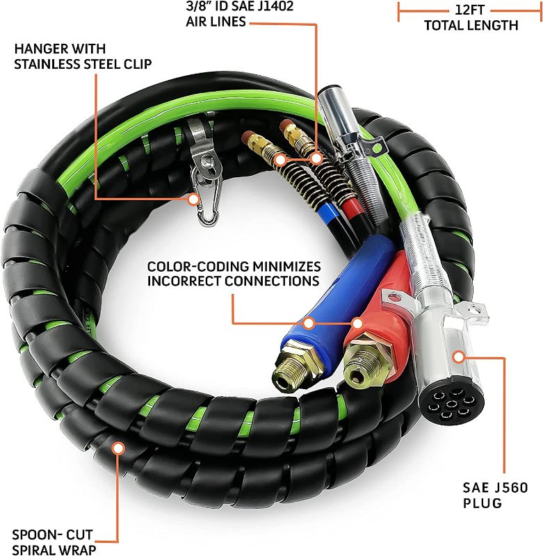 Photo 1 of 12ft 3 in 1 ABS & Air Power Line Hose Wrap 7 Way Electrical Cable with Handle Grip & Gladhands Tender Spring Kit for Semi Truck Trailer Tractor 