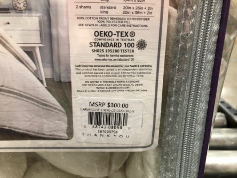 Photo 1 of 3pc King Farmhouse Stripe Reversible Cotton Comforter &#38; Sham Set Gray - Lush D