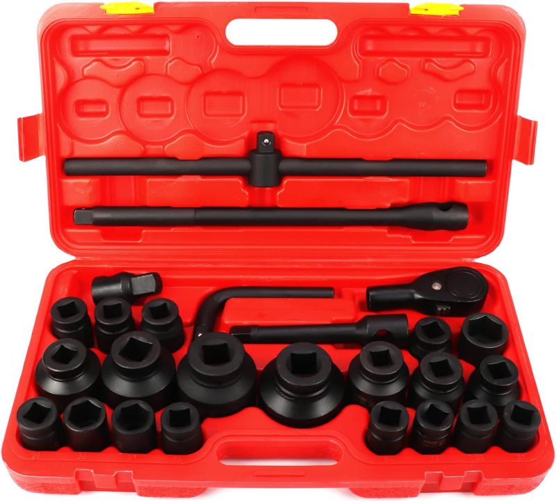 Photo 1 of 3/4 Inch Drive Deep Impact Socket Set, 26Pcs Impact Sockets Drive Sets, Drive Impact Sockets, Heavy Socket Set with Ratchet Wrench Head and Curved Lever Wrench, Standard Metric Size(21-50mm & 55-65mm)
