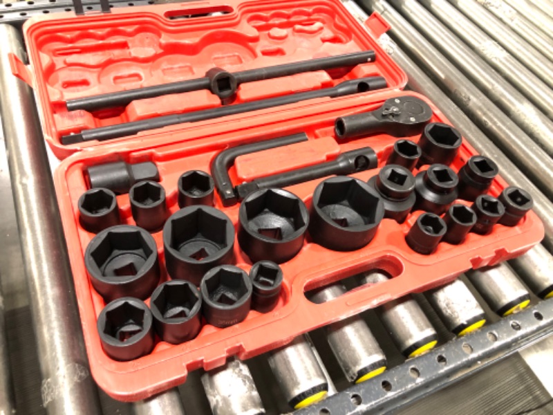Photo 2 of 3/4 Inch Drive Deep Impact Socket Set, 26Pcs Impact Sockets Drive Sets, Drive Impact Sockets, Heavy Socket Set with Ratchet Wrench Head and Curved Lever Wrench, Standard Metric Size(21-50mm & 55-65mm)

