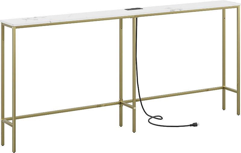 Photo 1 of  SONGXIN 70.9 Inch Console Table with Power Outlet,Modern Narrow Long Sofa Table Behind Couch,Skinny Entry Table with Gold Metal Frame for Entryway,Living Room, Hallway,Marble White 