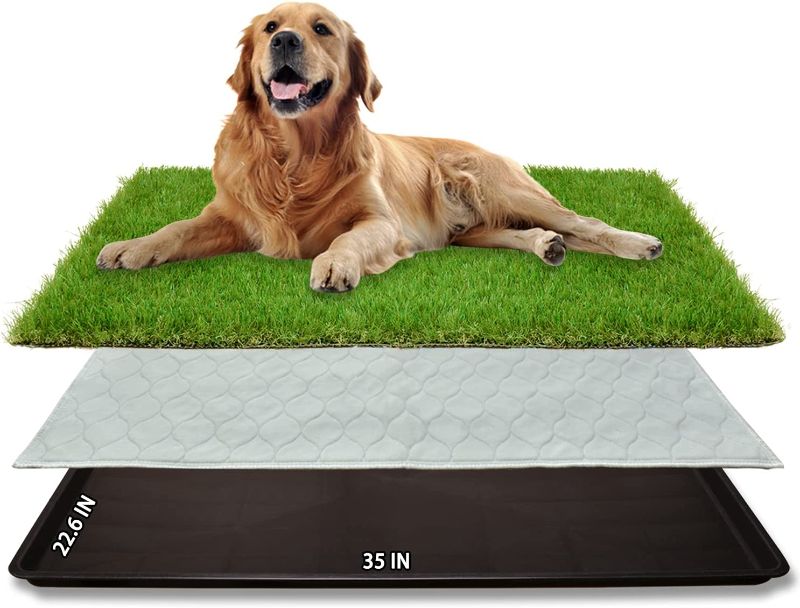 Photo 1 of  Dog Grass Large Patch Potty, Artificial Dog Grass Bathroom Turf for Pet Training, Washable Puppy Pee Pad, Perfect Indoor/Outdoor Portable Potty Pet Loo (Tray system-35"X22.6") 