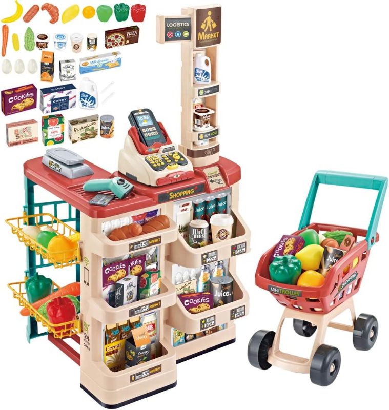 Photo 1 of  deAO Supermarket Playset for Kids Grocery Store Pretend Play Role Market Stall Toy Shop with Shopping Cart, 48 PCS Plays Kitchen Set for Toddlers,Best Outdoor Playset for Kids 