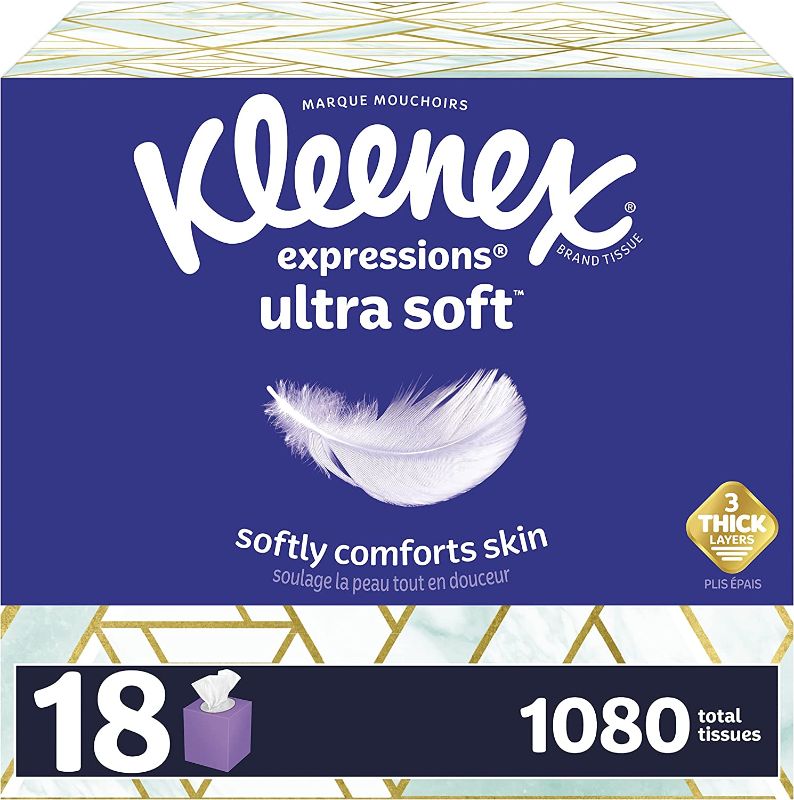 Photo 1 of  Kleenex Expressions Ultra Soft Facial Tissues, 3-Ply, Hypoallergenic, 18 Cube Boxes, 60 Tissues per Box (1,080 Tissues Total), White, 54367 