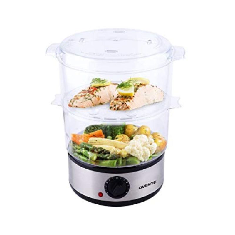 Photo 1 of Ovente Electric Food Steamer 5 Quart with 2 Tier Stackable BPA-Free Baskets, 400W Stainless Steel Base, Auto Shut-Off and 60-Minute Timer, Fast Steaming Ideal for Vegetable and Fish, Silver FS62S
