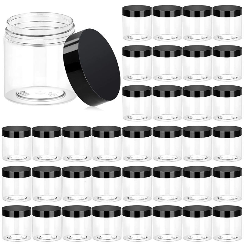 Photo 1 of  36 Pack 4 OZ Plastic Jars Round Clear Cosmetic Container Jars with Lids, Eternal Moment Plastic Slime Jars for Lotion, Cream, Ointments, Makeup, Eye shadow, Rhinestone, Samples, Pot, Travel Storage 