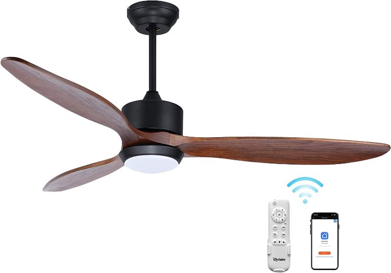 Photo 1 of  Ovlaim 52 Inch Indoor Outdoor Ceiling Fan, ETL Listed Quiet DC Motor Walnut Wood Ceiling Fans with Lights Remote Control, 3 Blade Propeller Smart Ceiling Fan for Bedroom Living Room 