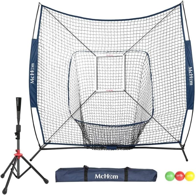 Photo 1 of  McHom 7' x 7' Baseball & Softball Practice Net Set with Travel Tee, 3 Weighted Balls & Strike Zone for Hitting, Pitching, Batting & Fielding Practice | Collapsible and Portable 