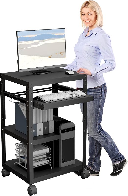 Photo 1 of tonchean AV Presentation Cart with Keyboard Tray, Heavy Duty Mobile Workstation Presentation Cart for Video Projector, Laptop Computer, Media Cart for School Classroom Office?Black? 