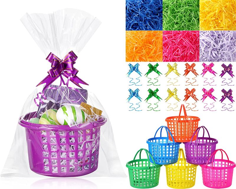 Photo 1 of 54 Pieces Easter Clear Basket Bag Set, 12 Easter Eggs Baskets Easter Plastic Round Baskets, 18 Assorted Colors Pull Bows, 18 Clear Cellophane Bags, 6 Bags of Raffia Paper Shreds for Easter Party 