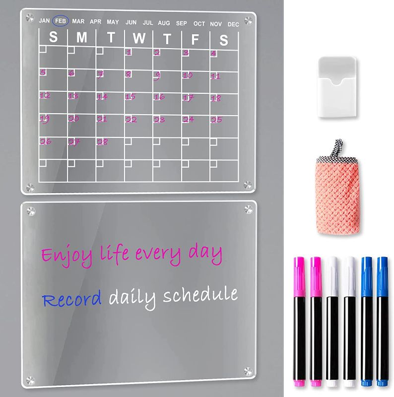 Photo 1 of Adofect 2 Set Acrylic Magnetic Calendar for Fridge, 17"x12" Acrylic Fridge Calendar Planning Board for Refrigerator, Include 6 Marks 3 Colors with Magnetic Pen Holder and a Cleaning Cloth 