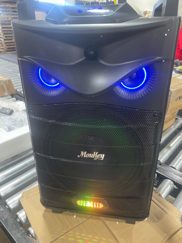 Photo 2 of Moukey Karaoke Machine, PA System with 12" Woofer, Portable Bluetooth Speaker with 2 Wireless Microphones, Party Lights and Echo/Treble/Bass Adjustment, Supports TWS/REC/AUX IN/MP3/USB/TF/FM
