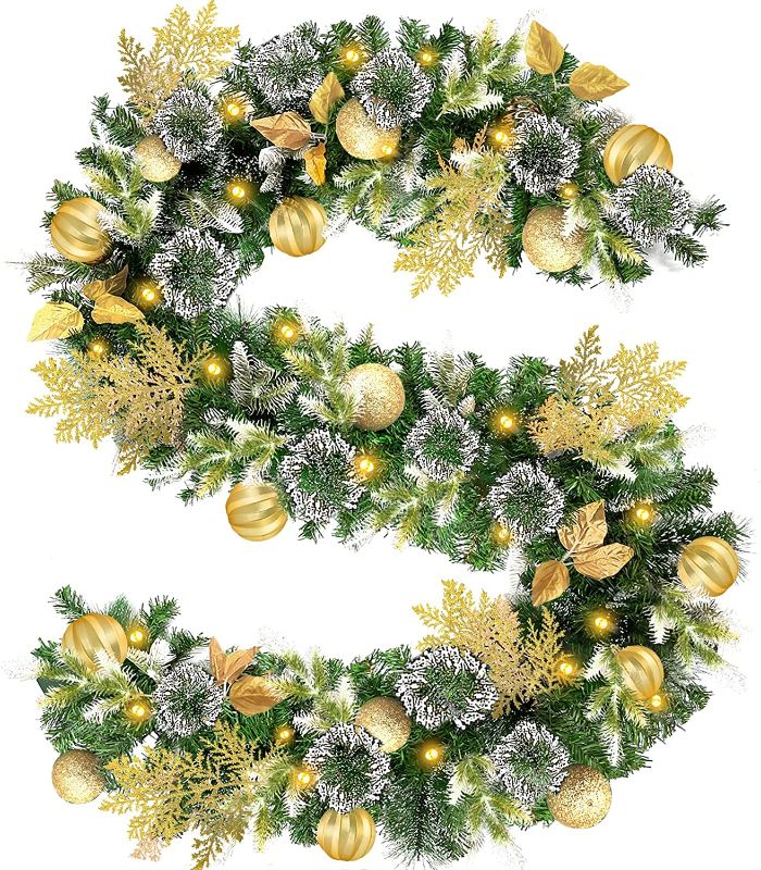 Photo 1 of 9Ft Prelit Gold Christmas Garland with 100 Warm Light 16 Golden Balls 6 Cypress Leaves Timer & 8 Mode Thick 300 Snowy Bristle 15 Life-Like Tips Battery Operated Xmas Garland Decor Holiday Outdoor
