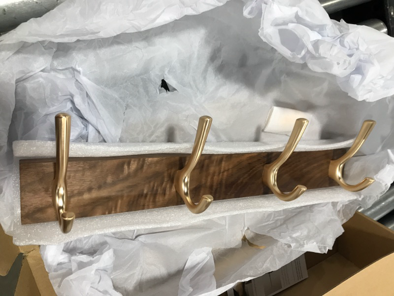 Photo 1 of Muso Wood Wall Mounted Coat Rack, Rustic Wooden Coat Rack with 4 Gold Hooks Rail, Double Door Hangers for Coat Towel Bag Organizer Hat Key Cup(Walnut) Gold Hooks Walnut Wooden Rack