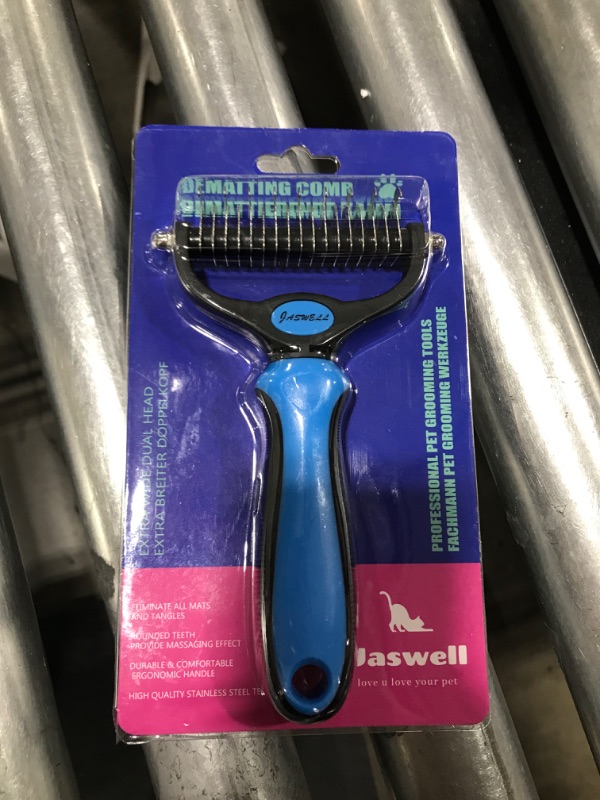Photo 2 of JASWELL Pet Grooming Tool- 2 Sided Undercoat Rake for Dogs &Cats-Safe and Effective Dematting Comb for Mats&Tangles Removing-No More Nasty Shedding or Flying Hair Blue