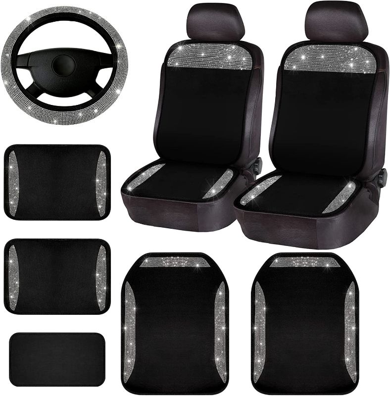 Photo 1 of 10 Pack Bling Car Accessories Set, 2 Set Shiny Bling Front Car Seat Covers Protector for Women, 1 Diamond Bling Steering Wheel Cover, 5 Bling Waterproof Anti Slip Car Floor Mats Universal Fit Most Car 