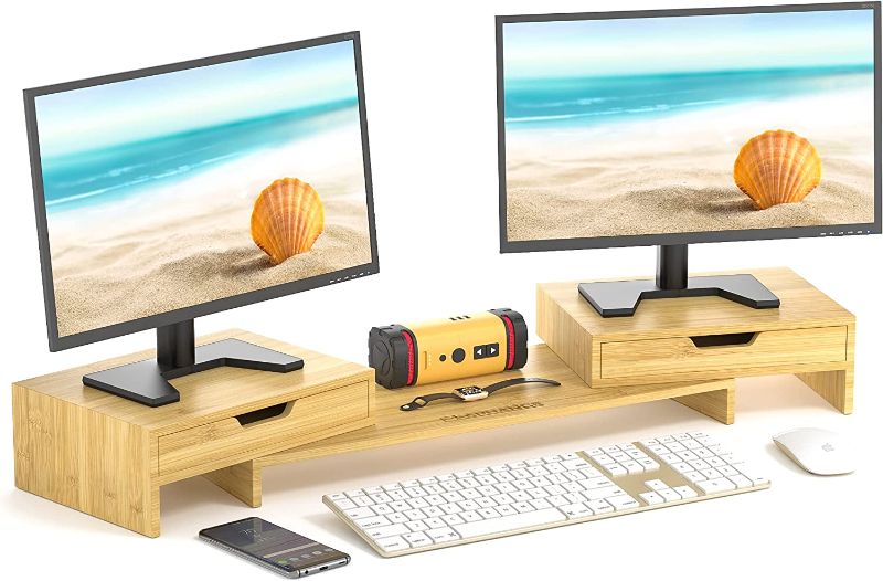 Photo 1 of Elephance Dual Monitor Stand Riser with Adjustable Length and Angle, Bamboo Computer Riser with 2 Extra Drawers, Desk Organizer for Laptop, Computer No Assembly Required
