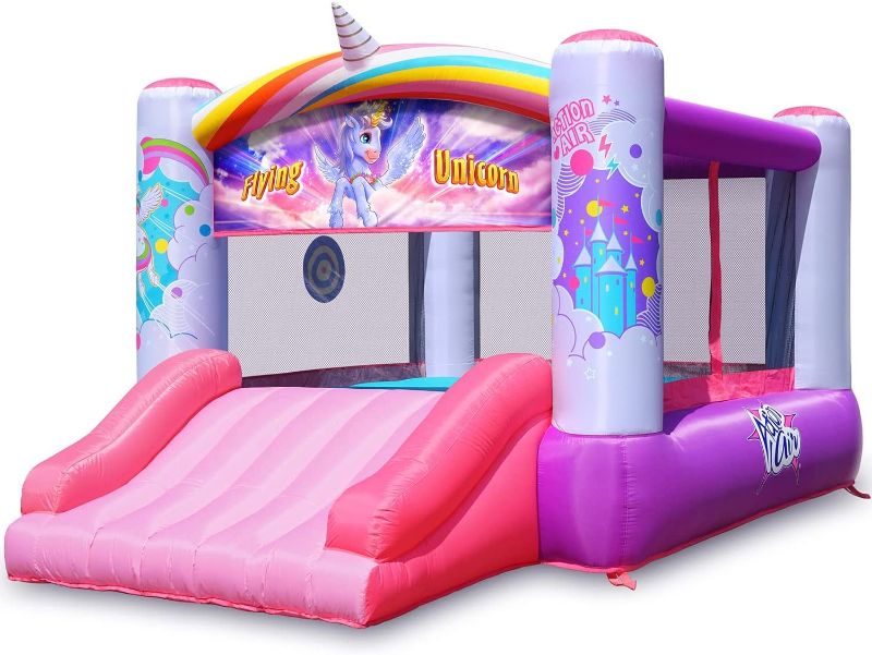 Photo 1 of Action Air Bounce House, Princess Inflatable Bounce House with Blower, Pink Bouncy House for Girls, Flying Unicorn Theme Bouncy Castle, Durable Sewn and Extra Thick, Love for Kids 