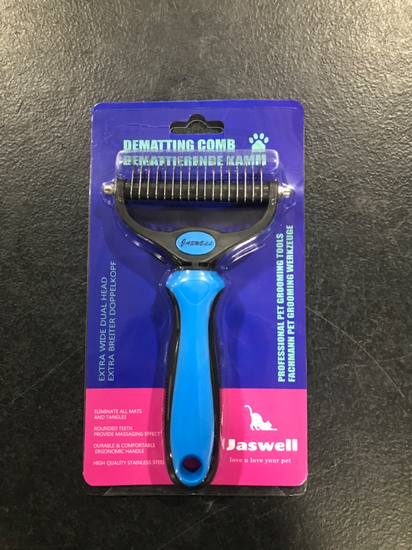 Photo 1 of JASWELL Pet Grooming Tool- 2 Sided Undercoat Rake for Dogs &Cats-Safe and Effective Dematting Comb for Mats&Tangles Removing-No More Nasty Shedding or Flying Hair Blue